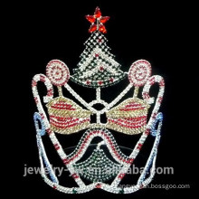 Fancy colored rhinestone christmas tree crown with bell